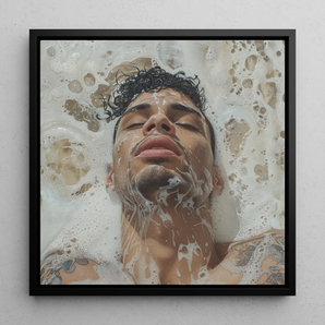 Squeaky Clean - Subtle Gay Art Erotica Framed Canvas, 12x12’’ / 31x31cm / Black Floating Frame, Close-up Portrait Person Submerged Soapy
