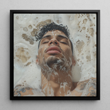 Squeaky Clean - Subtle Gay Art Erotica Framed Canvas, 12x12’’ / 31x31cm / Black Floating Frame, Close-up Portrait Person Submerged Soapy