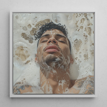 Squeaky Clean - Subtle Gay Art Erotica Framed Canvas, 12x12’’ / 31x31cm / White Floating Frame, Framed Portrait Man Water