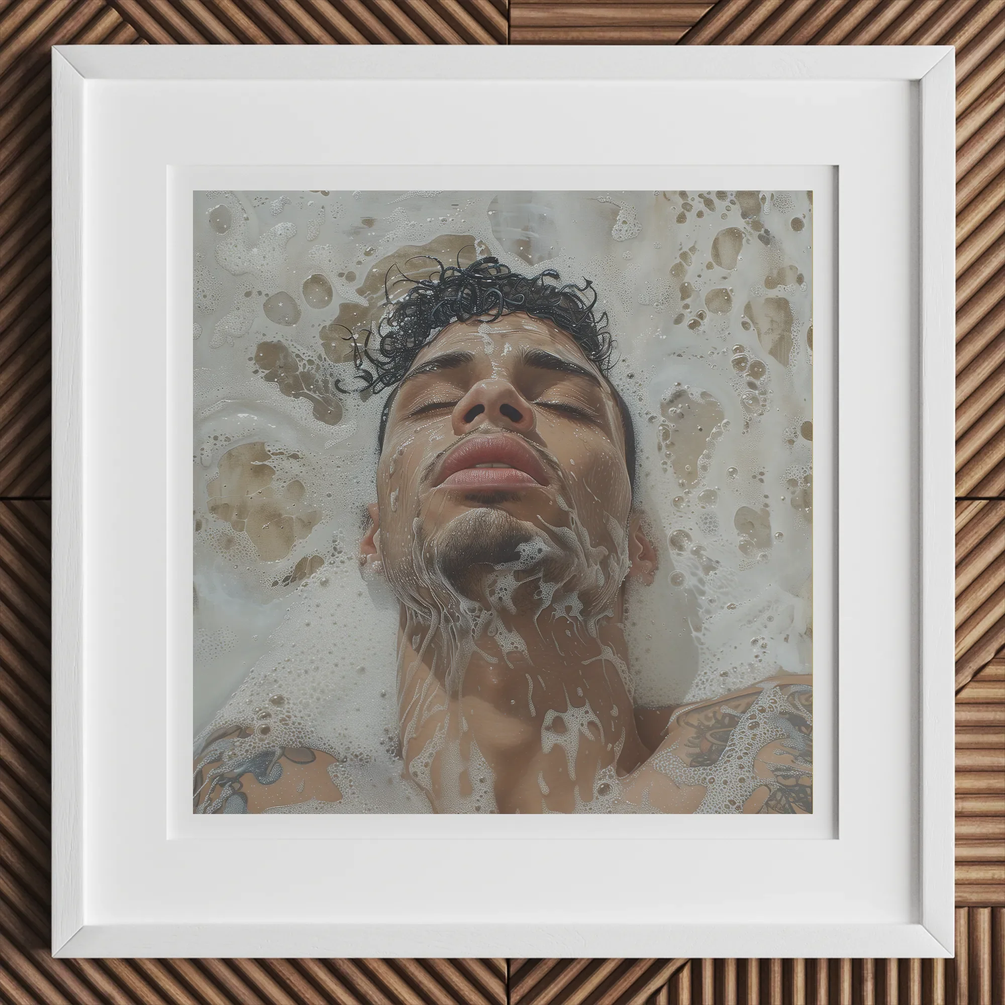 Squeaky Clean - Subtle Gay Male Pleasure Art Print, 12x12’’ / 31x31cm / White Frame, White Square Picture Frame Photograph Man Submerged