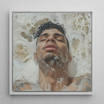 Squeaky Clean - Subtle Gay Male Pleasure Art Print / Canvas Framed Portrait Man Dark Curly Hair Tattoos Submerged Afrolatino Homoerotic,