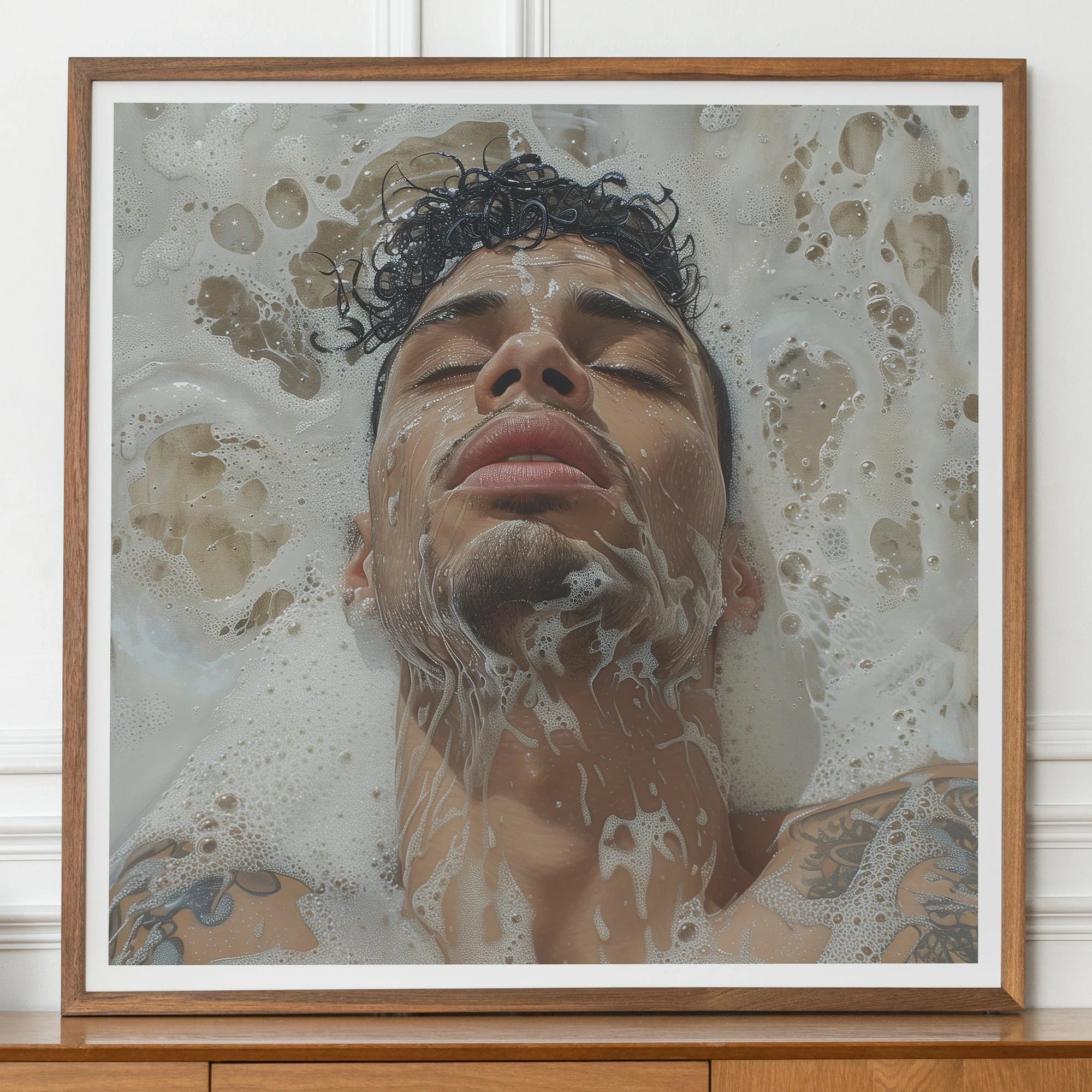 Squeaky Clean - Subtle Gay Male Pleasure Art Print, Framed Portrait Photograph Person Submerged Soapy Bathwater Eyes