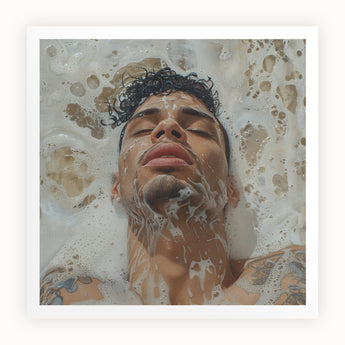 Squeaky Clean - Subtle Gay Male Pleasure Art Print, Person Curly Hair Submerged Soapy Bathwater Eyes Closed