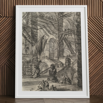 The Staircase with Trophies - Giovanni Battista Piranesi Art Print / Canvas 18x24’’ / 46x61cm / White Frame / Matboard Framed Black White