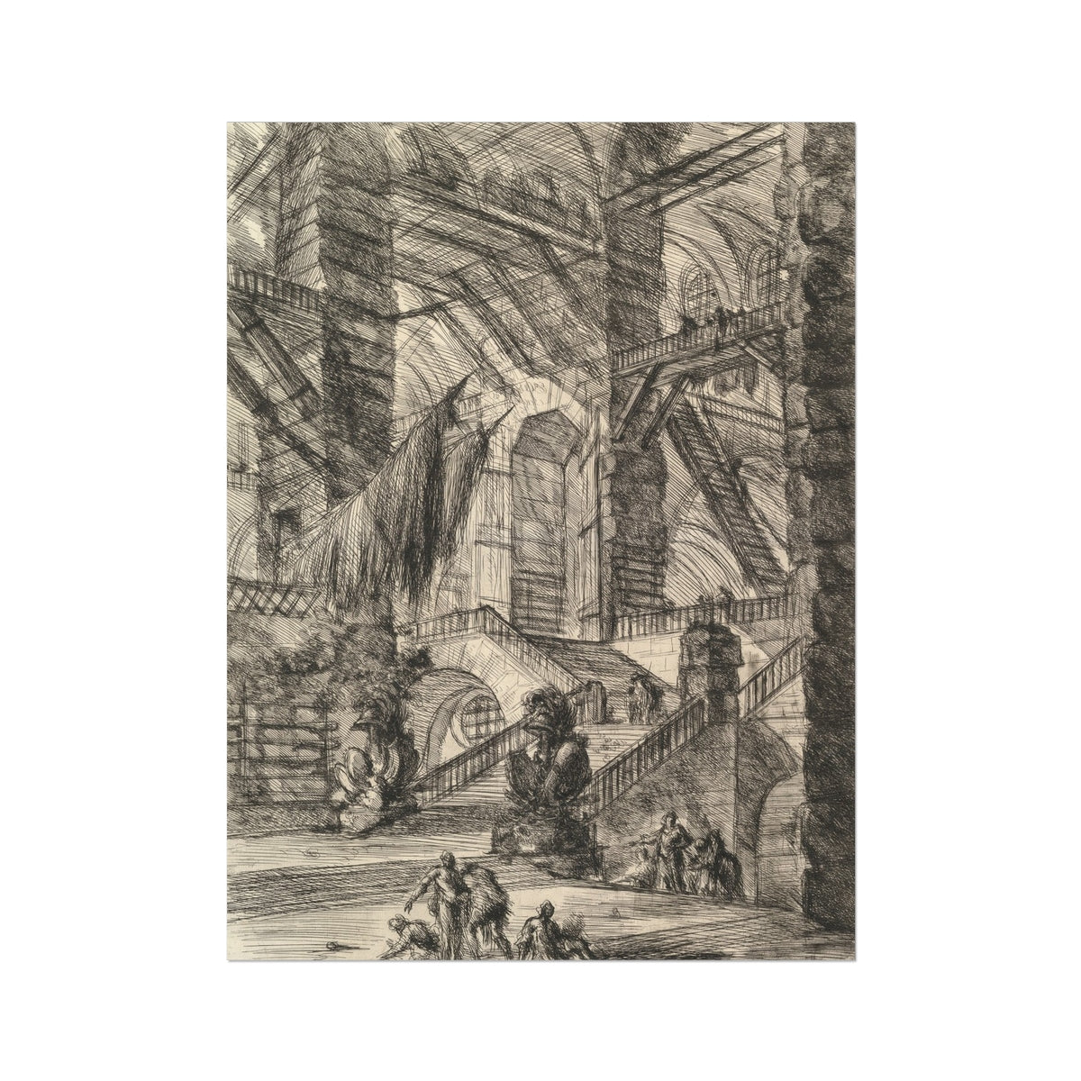 The Staircase with Trophies - Giovanni Battista Piranesi Art Print, Dramatic Architectural Interior Multiple Staircases Arches Figures