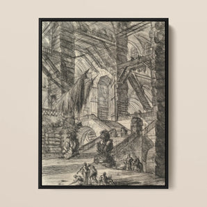 The Staircase with Trophies - Giovanni Battista Piranesi Framed Canvas, 12x16’’ / 31x41cm / Black Floating Frame, Framed Black White
