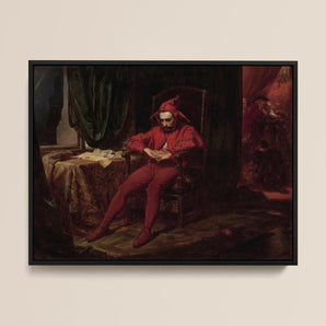 Stańczyk - Jan Alojzy Matejko Framed Canvas, 16x12’’ / 41x31cm / Black Floating Frame, Framed Oil Painting Jester Red Suit Dejectedly Chair