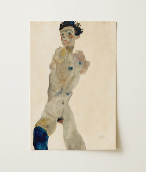 Standing Male Nude with Crossed Arms - Egon Schiele Art Print / Canvas Watercolor Painting Paper Figure Expressive Features Bold