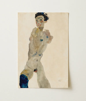 Watercolor Painting Paper Nude Figure Expressive Features Bold Male, Egon Schiele, Young, Stands, Painted, Year Neulengbach Jailed,