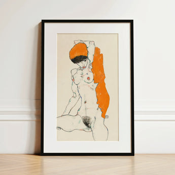 Standing Nude with Orange Drapery - Egon Schiele Art Print / Canvas, 12x18’’ / 31x46cm / Black Frame / Matboard, Posters Prints & Visual