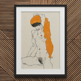 Standing Nude with Orange Drapery - Egon Schiele Art Print / Canvas, Egon Schiele Art, Orange Drapery Entices, Raw Sensuality