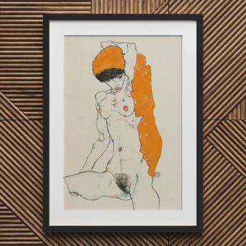 Standing Nude with Orange Drapery - Egon Schiele Art Print / Canvas, Egon Schiele Art, Orange Drapery Entices, Raw Sensuality