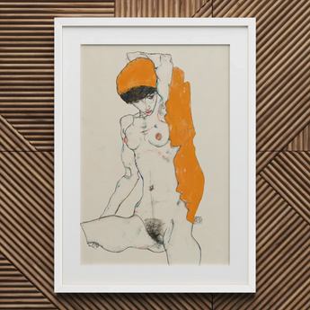 Standing Nude with Orange Drapery - Egon Schiele Art Print / Canvas, Egon Schiele Art, Orange Drapery Entices, Raw Sensuality