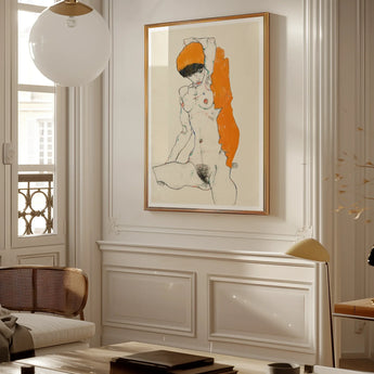 Standing Nude with Orange Drapery - Egon Schiele Art Print / Canvas, Egon Schiele Art, Orange Drapery Entices, Raw Sensuality