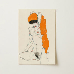 Standing Nude with Orange Drapery - Egon Schiele Art Print / Canvas, Egon Schiele Art, Orange Drapery Entices, Raw Sensuality