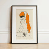 Standing Nude with Orange Drapery - Egon Schiele Art Print / Canvas Framed Artwork Stylized Figure Bold Accents, Entices, Raw Sensuality