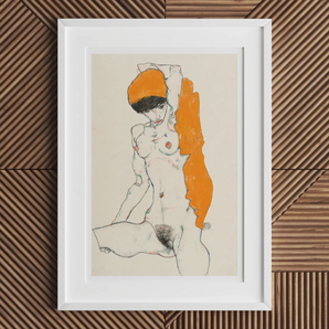 Standing Nude with Orange Drapery - Egon Schiele Art Print, Framed Artistic Sketch Nude Female Figure Orange Accents