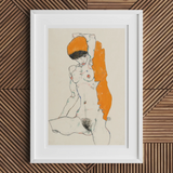 Standing Nude with Orange Drapery - Egon Schiele Art Print, Framed Artistic Sketch Nude Female Figure Orange Accents
