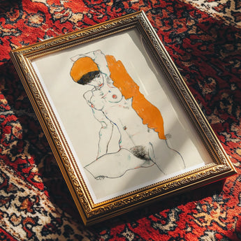 Standing Nude with Orange Drapery - Egon Schiele Art Print, Framed Nude Figure Orange Accents Ornate Gold Frame