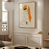 Standing Nude with Orange Drapery - Egon Schiele Art Print, Framed Nude Figure Sketch Orange Accent Artwork Mounted