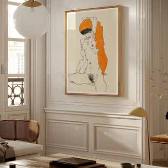 Standing Nude with Orange Drapery - Egon Schiele Art Print, Framed Nude Figure Sketch Orange Accent Artwork Mounted
