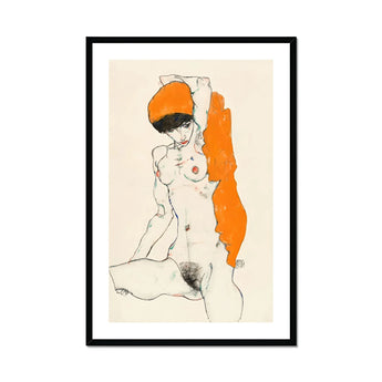 Standing Nude with Orange Drapery - Egon Schiele Art Print, Minimalist Line Nude Female Figure Orange Accent Element