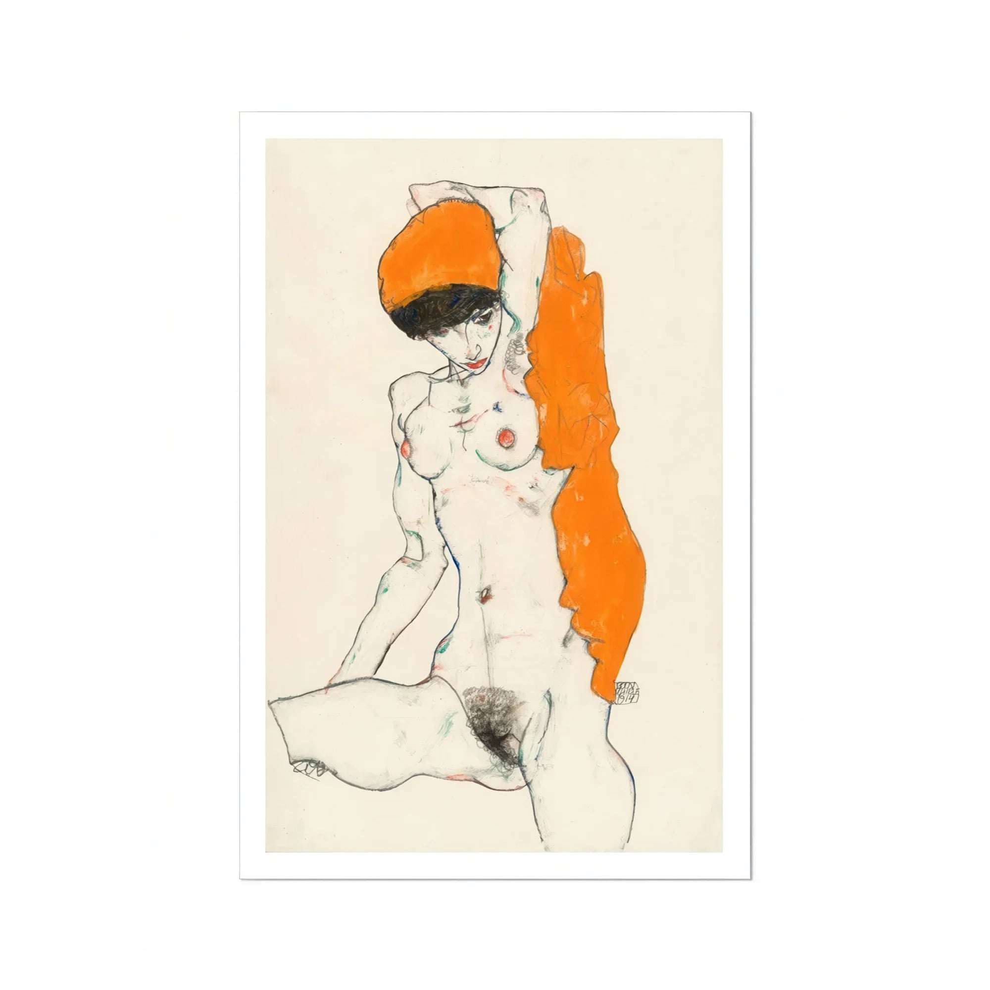 Standing Nude with Orange Drapery - Egon Schiele Art Print, Minimalist Line Nude Figure Orange Accent Element