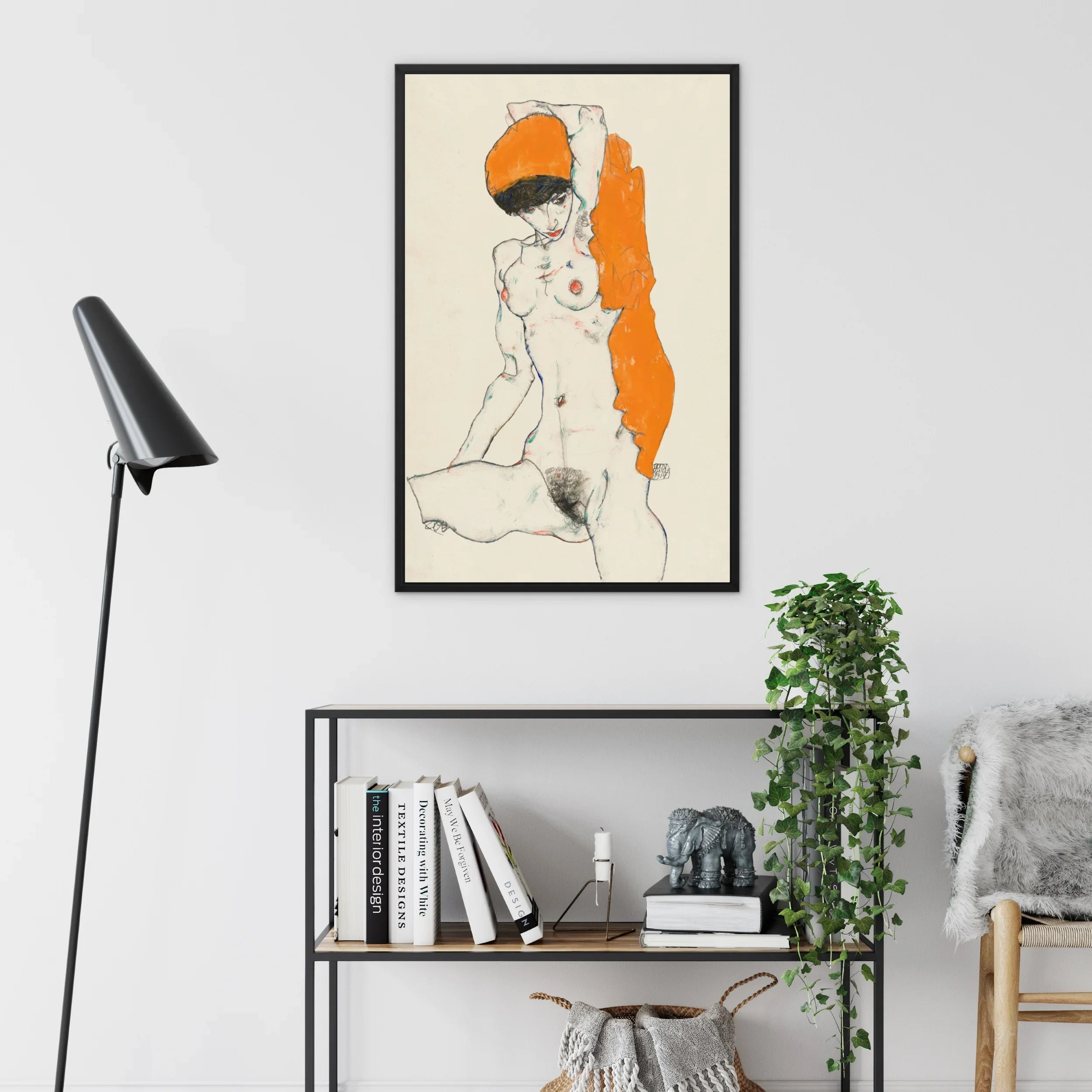 Standing Nude with Orange Drapery - Egon Schiele Framed Canvas, Framed Artistic Nude Figure Orange Accent Stripe