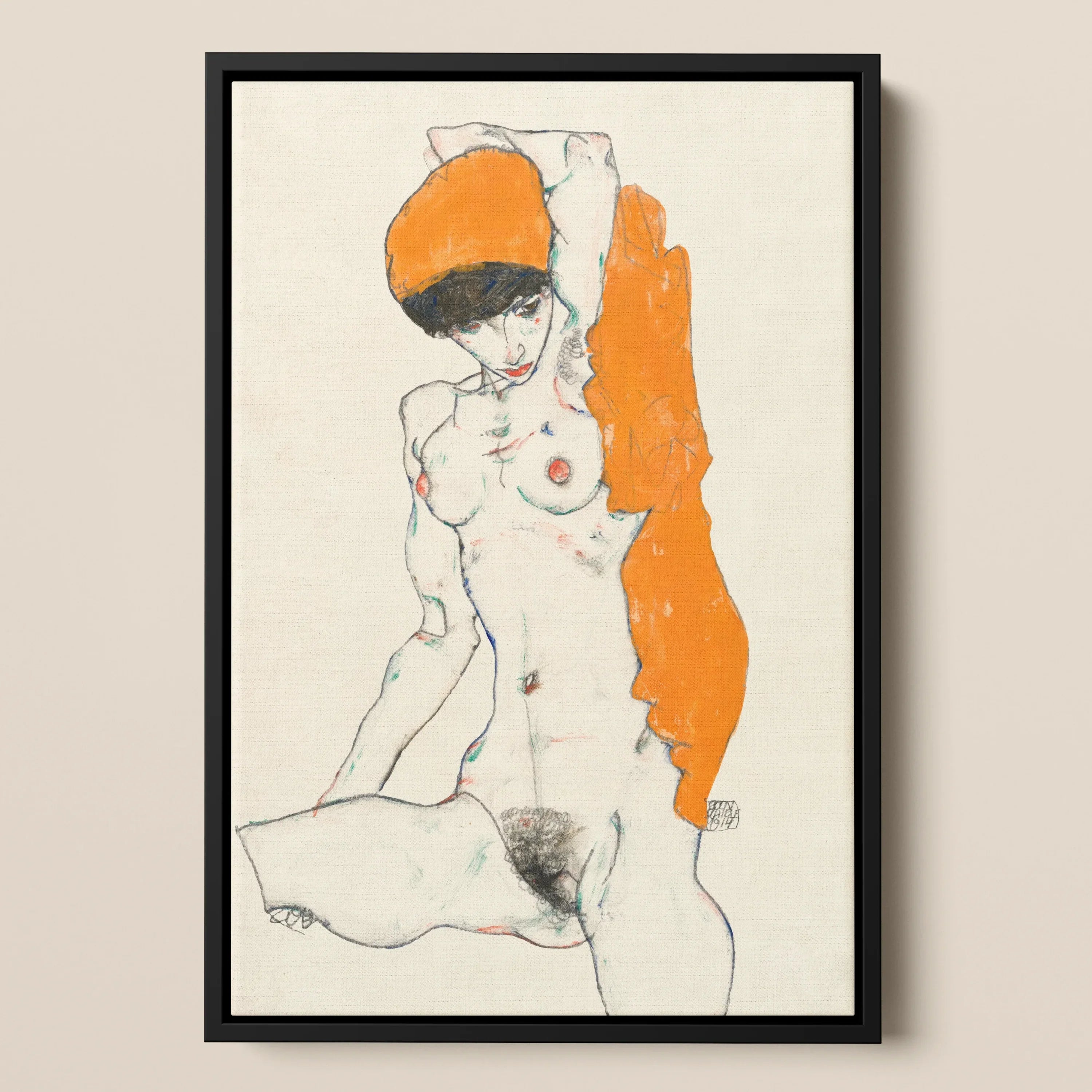Standing Nude with Orange Drapery - Egon Schiele Framed Canvas, Nude Female Figure Sketch Orange Accents Framed Artwork