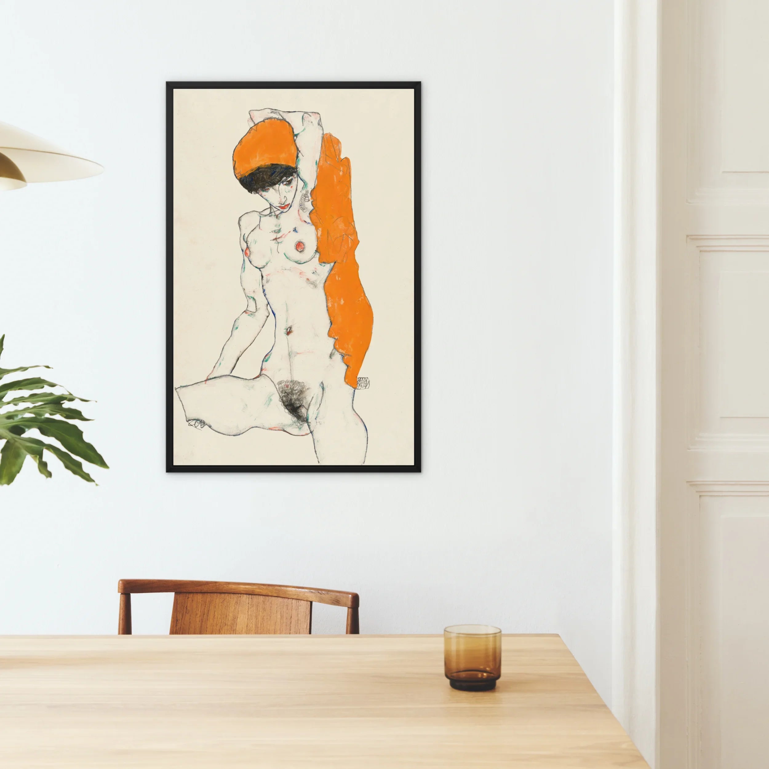 Standing Nude with Orange Drapery - Egon Schiele Framed Canvas, Framed Minimalist Nude Figure Orange Accent