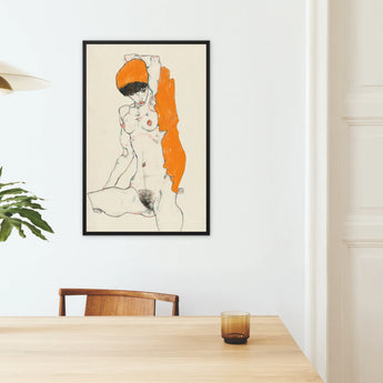 Standing Nude with Orange Drapery Egon Schiele Framed Canvas, Framed Minimalist Nude Figure Orange Accent