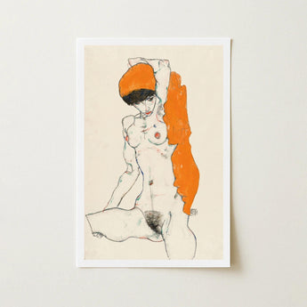 Standing Nude with Orange Drapery - Egon Schiele Art Print / Canvas Framed Artwork Stylized Figure Bold Accents, Entices, Raw Sensuality