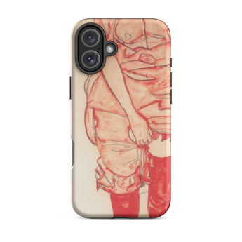 Standing Woman in Red - Egon Schiele Iphone Case, 16 Plus / Matte, Phone Case Stylized Partially Nude Figure Red Beige