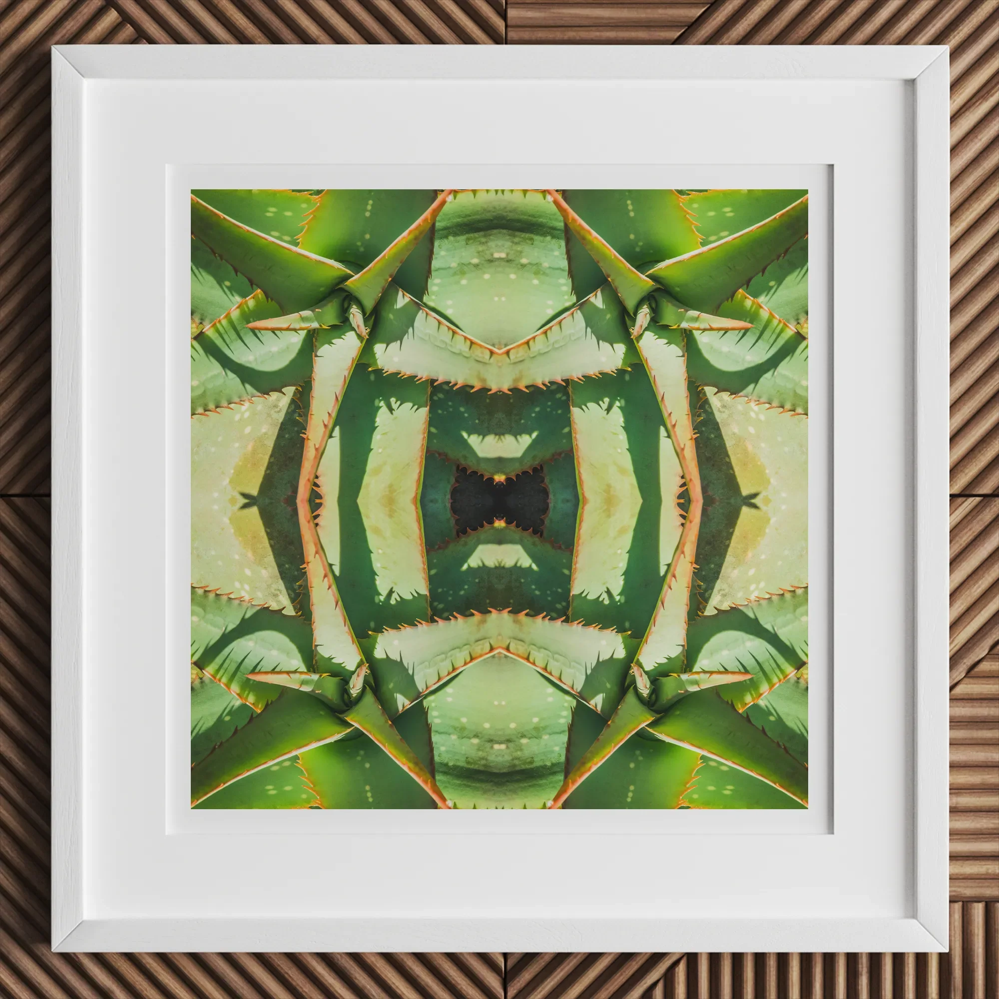 Starry-eyed - Trippy Succulent Op Art Print, 12x12’’ / 31x31cm / White Frame, Framed Square Abstract Print Kaleidoscope Pattern Green Aloe