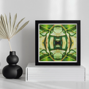 Starry-eyed - Trippy Succulent Op Art Print, Framed Abstract Green Yellow Artwork Symmetrical Patterns Plant