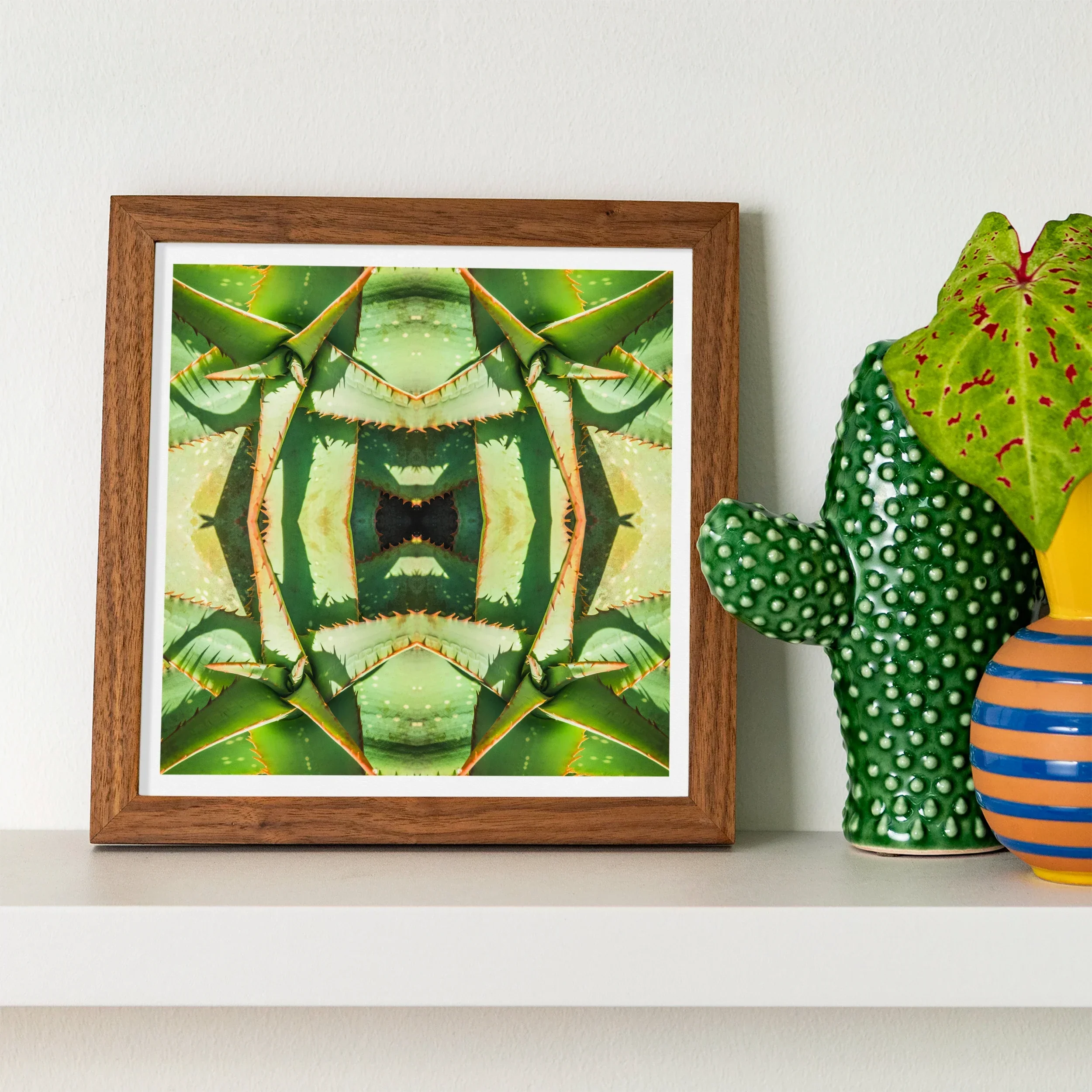 Starry Eyed Trippy Succulent Op Art Print, Framed Abstract Green Yellow Artwork Symmetrical Plant Like Patterns