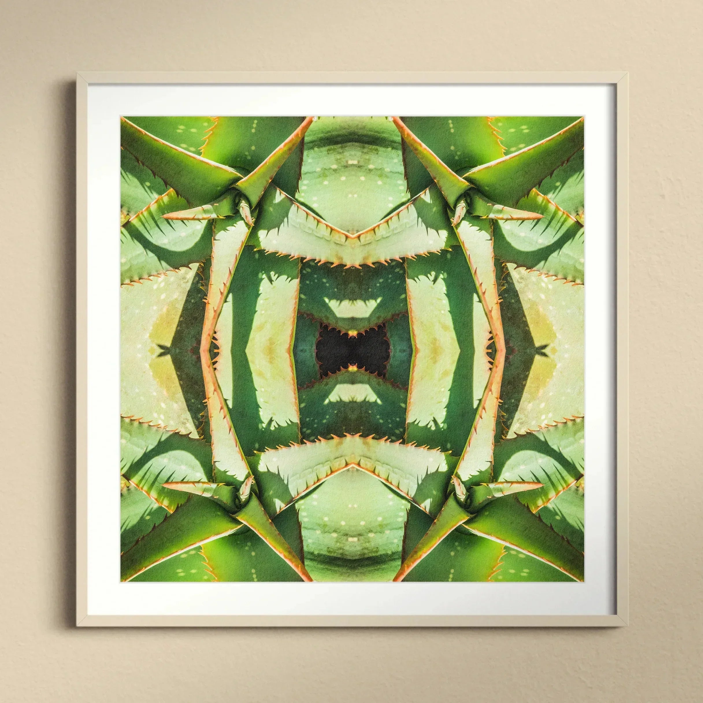 Starry Eyed Trippy Succulent Op Art Print, Kaleidoscopic Pattern Created Mirrored Green Agave Plant Leaves