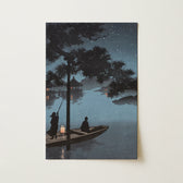 Serene Night Scene Print Two Figures Traditional Boat Biwa Lake, Art, Gathers, Glowing Paper Lantern, Shoda Koho