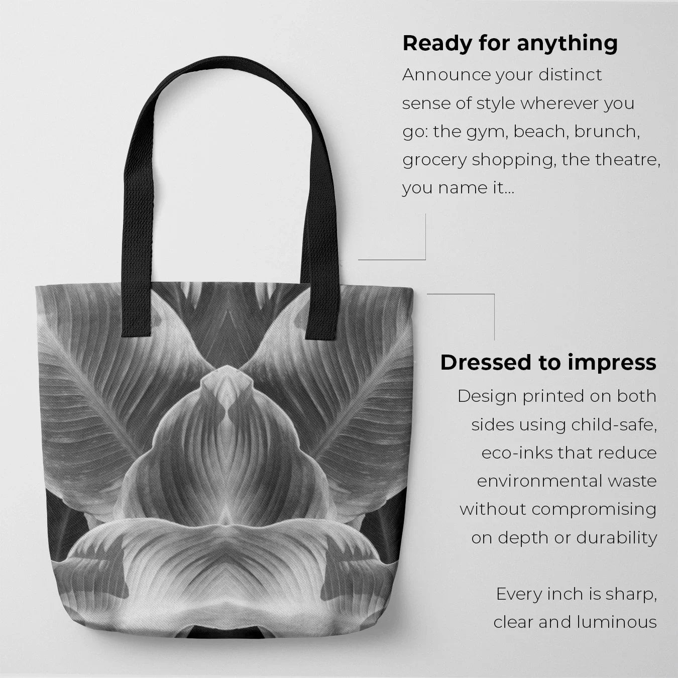 Step by - Black and White Botanical Op Art Tote Bags