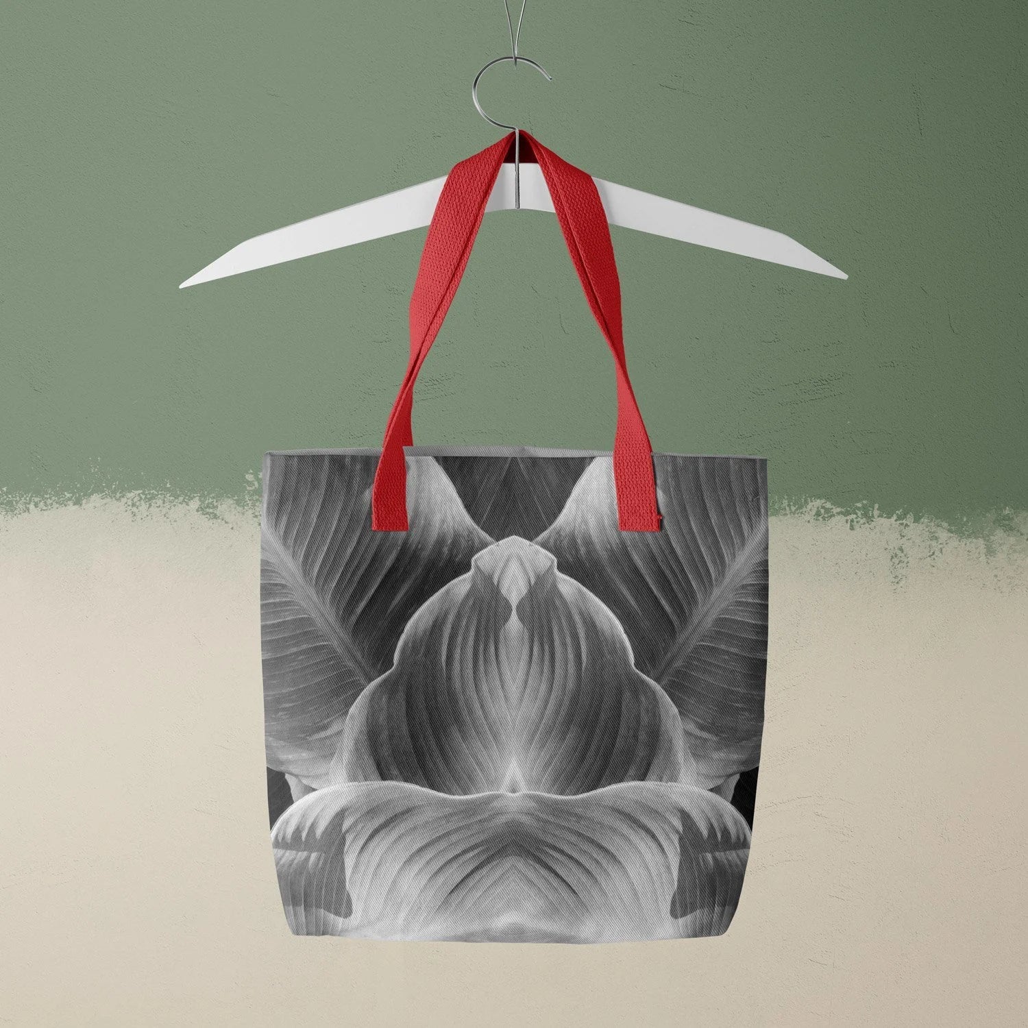 Step by - Black and White Botanical Op Art Tote - Red Handles