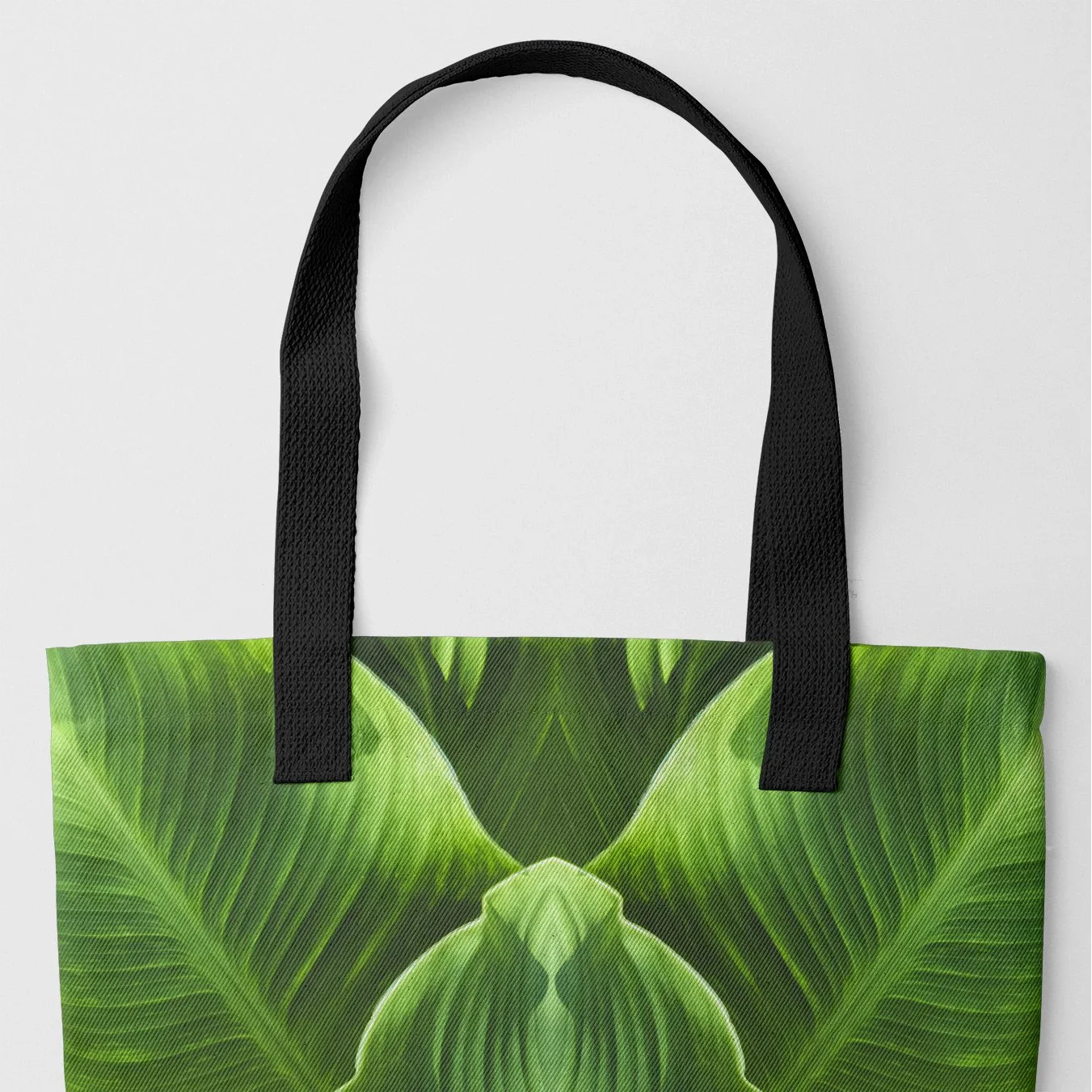 Step by - Trippy Botanical Op Art Shopping Tote, Black Handles, Stepebag-black, Tote Bag Vibrant Green Leaf Pattern