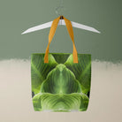 Step by - Trippy Botanical Op Art Shopping Tote, Yellow Handles, Stepebag-yellow, Tote Bag Vibrant Green Leaf Pattern