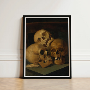 Still Life of Three Skulls - Jan August Hendrik Leys Art Print / Canvas Framed Painting Human Warm Earthy Tones Threeskulls,