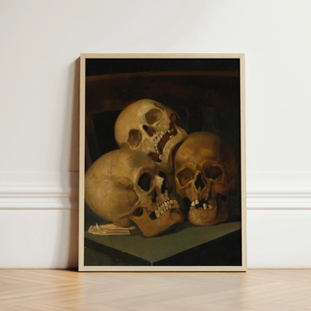 Still Life of Three Skulls - Jan August Hendrik Leys Art Print / Canvas Framed Painting Human Warm Earthy Tones Threeskulls,