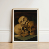 Still Life of Three Skulls - Jan August Hendrik Leys Art Print / Canvas Framed Golden-brown Classical Threeskulls, Hendrikleysart,