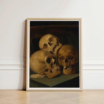 Still Life of Three Skulls - Jan August Hendrik Leys Art Print / Canvas Framed Golden-brown Classical Threeskulls, Hendrikleysart,