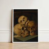 Still Life of Three Skulls - Jan August Hendrik Leys Art Print / Canvas Framed Human Warm Earthy Threeskulls, Hendrikleysart,