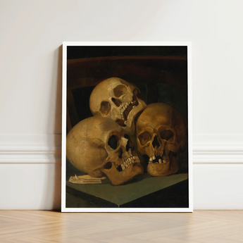 Still Life of Three Skulls - Jan August Hendrik Leys Art Print / Canvas Framed Human Warm Earthy Threeskulls, Hendrikleysart,