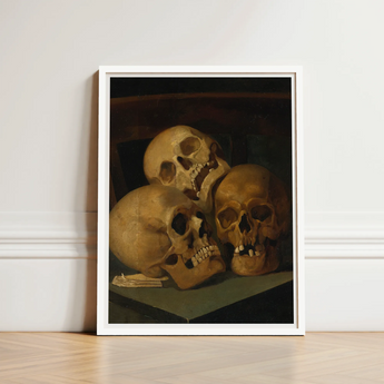 Still Life of Three Skulls - Jan August Hendrik Leys Art Print / Canvas Framed Golden-brown Composition Threeskulls, Hendrikleysart,