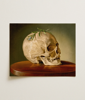 Classical Oil Painting Human Skull Delicate Green Leaves Frantisek Klimkovic Art, Print, Face Left, Klimkovič’s Hometown, Multilingual